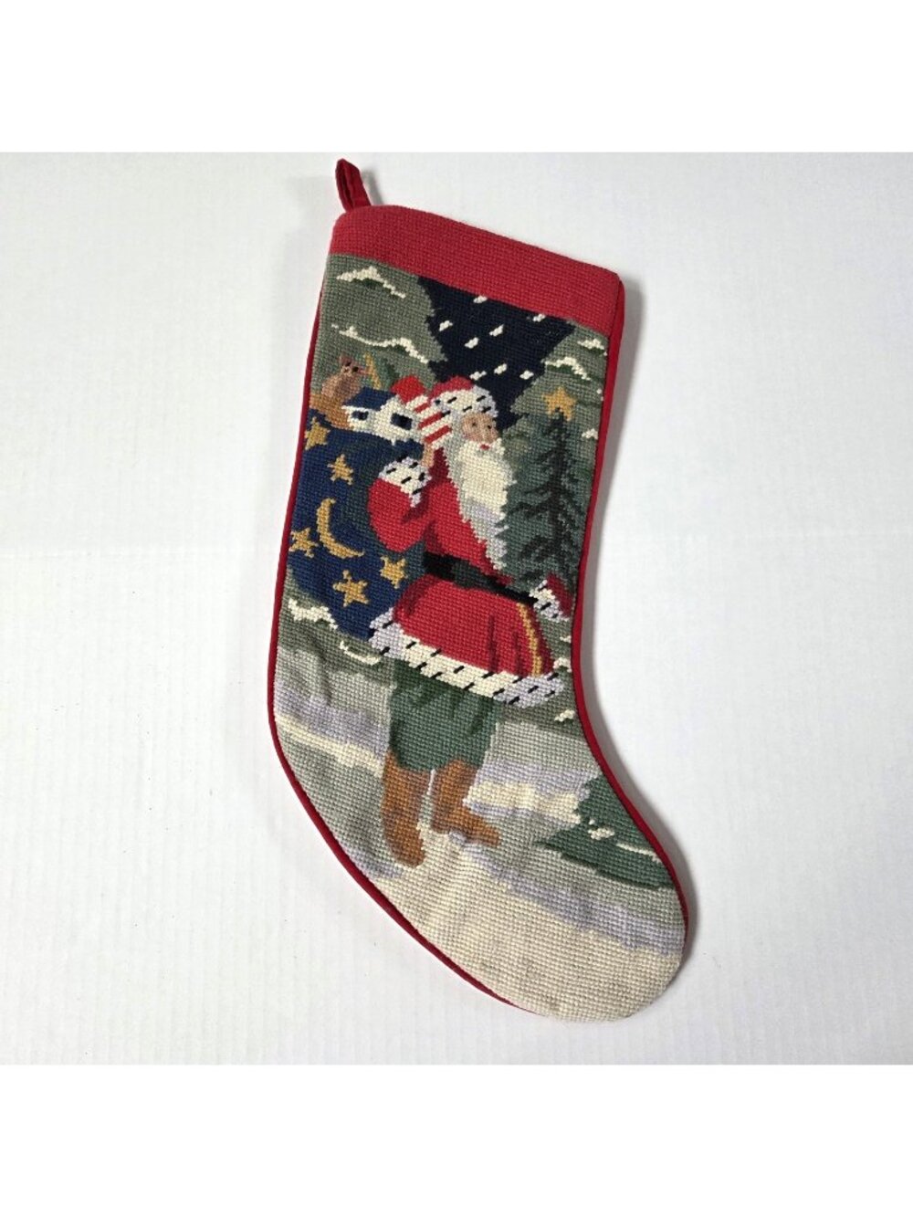 Vintage Needlepoint Christmas Stocking Rustic Santa Toy Bag Snow Wool Velvet